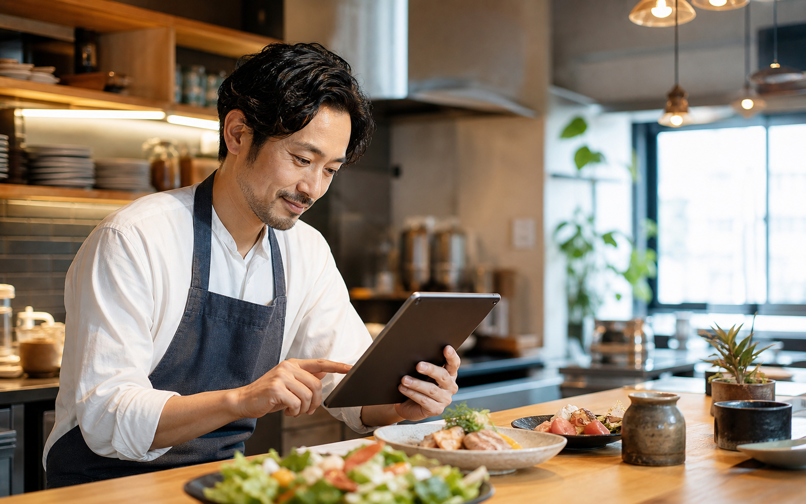飲食店オーナーがタブレットでSNS投稿を確認している様子