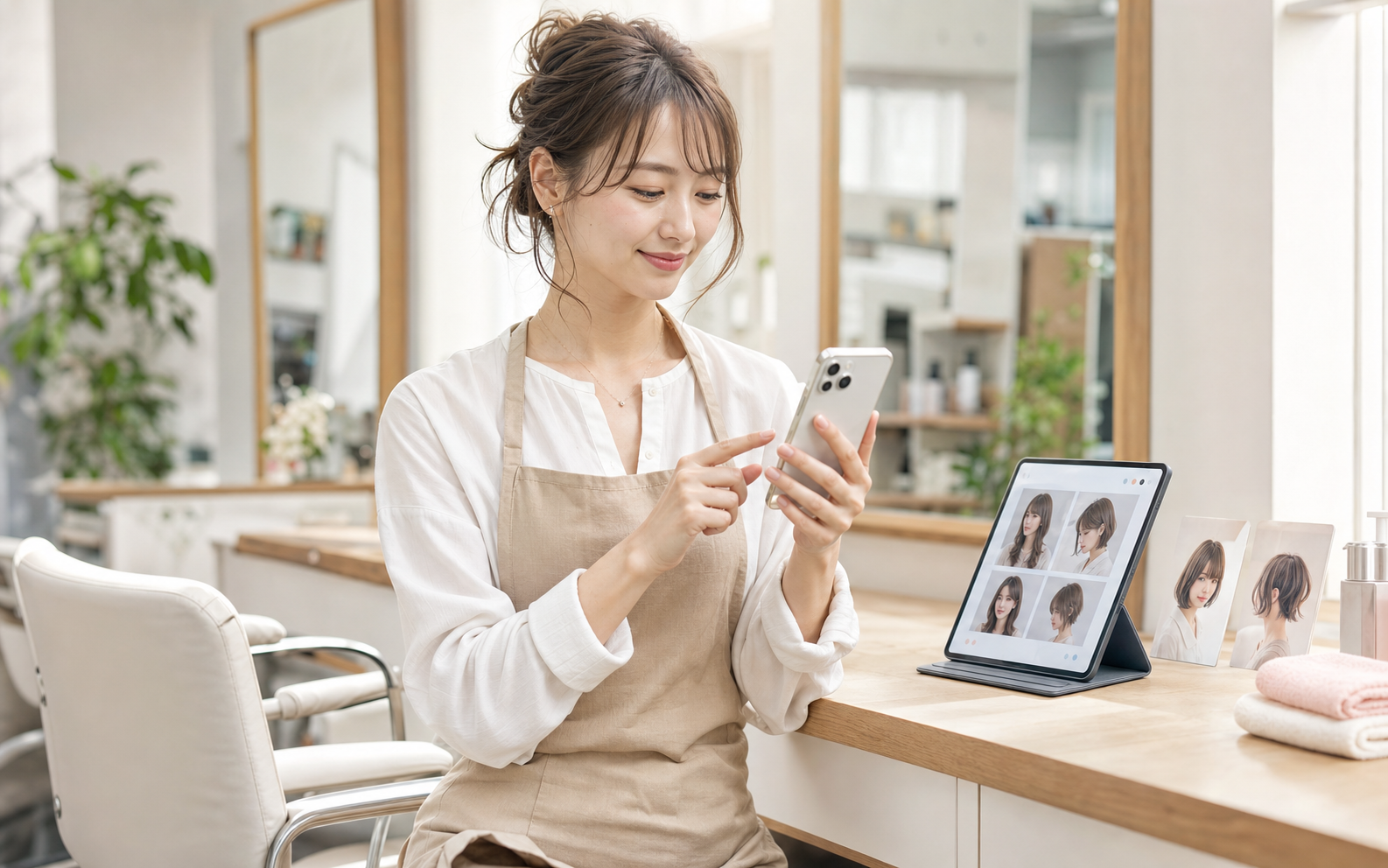 美容サロンオーナーがスマホでSNS投稿案を確認している様子